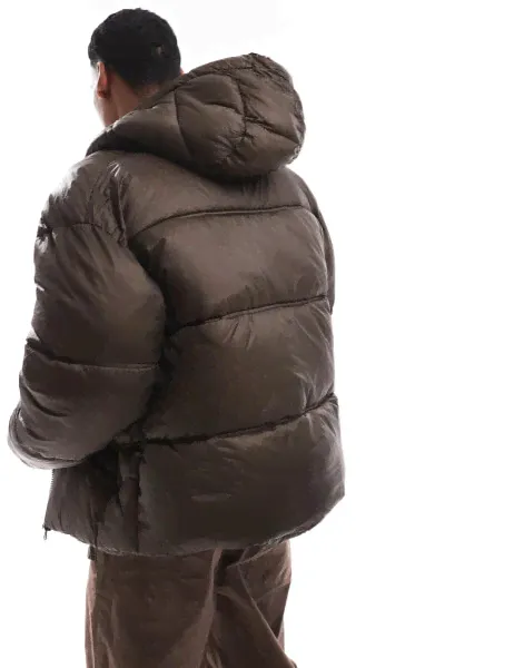 Jack & Jones wet look puffer jacket in brown-1