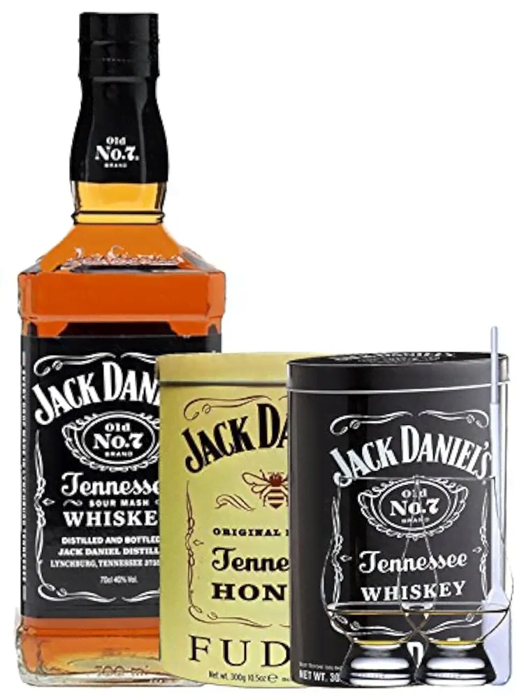 Виски Jack Daniels Black Label No. 7 0,7 Liter + 300g JD`s HONEY Fudge & 300g JD`s Whisky Malt Fudge + 2 Glencairn Gläser und Einwegpipette-0